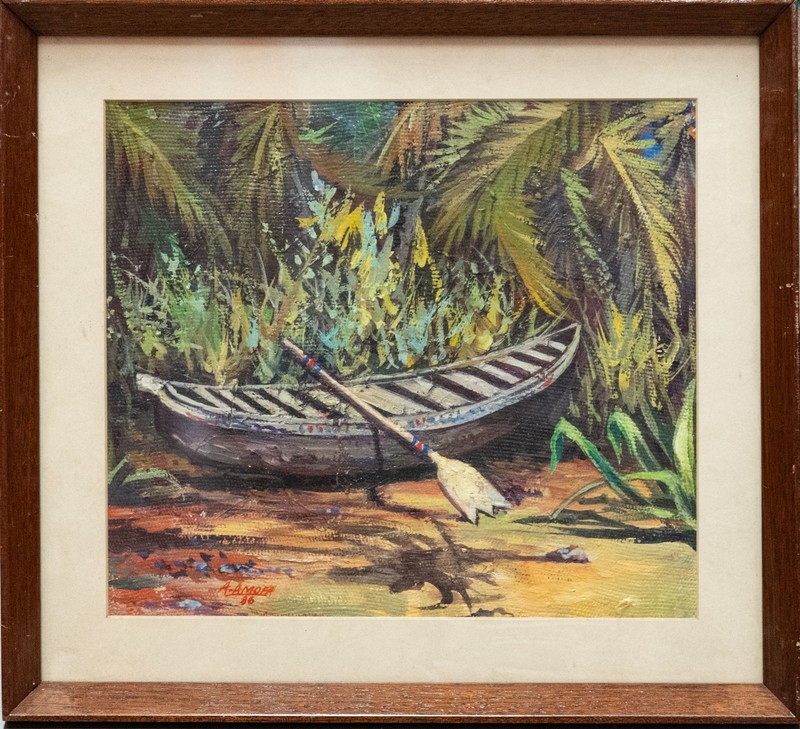 Vintage Vintage Oil On Paper "Moored Boat"