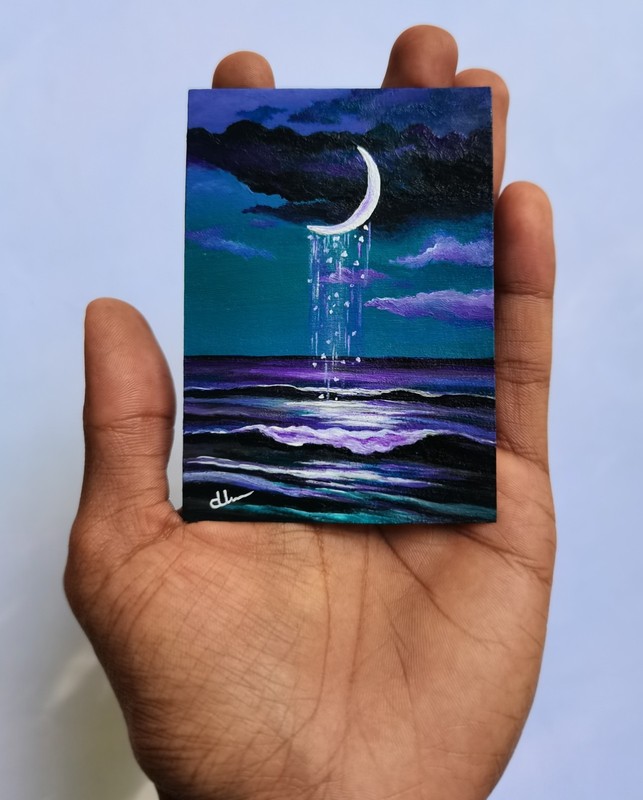 "Ocean Moonlight" ACEO Original Hand Painting Vintage Seascape Art Signed ATC gallery