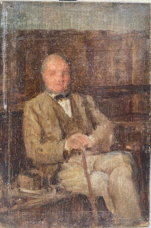 English Impressionist School Portrait Of Man Hat And Cane Oil On Canvas c.1890
