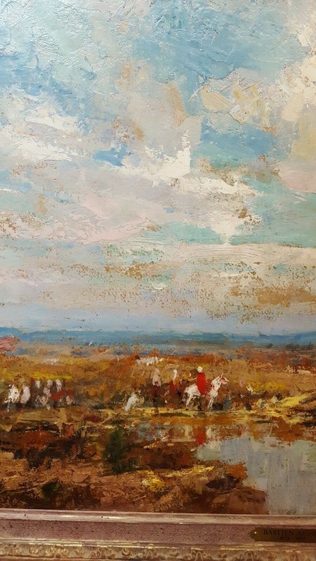 ALFRED BASTIEN (1873-1955 BELGIAN) 1924 "THE HUNT" 18 X 25 **FULL PROVENANCE** gallery