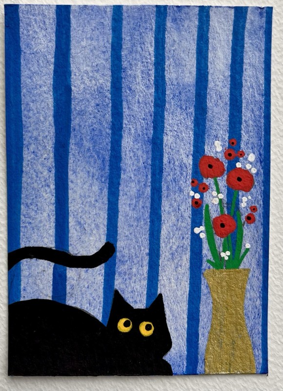 ACEO original painting black cat and flower vase 2.5in x 3.5in