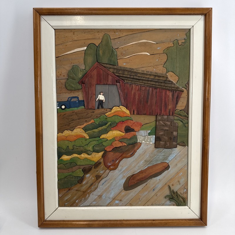 Framed Art Of Carved Layered wood, rustic scene covered bridge Frank Thompson 96