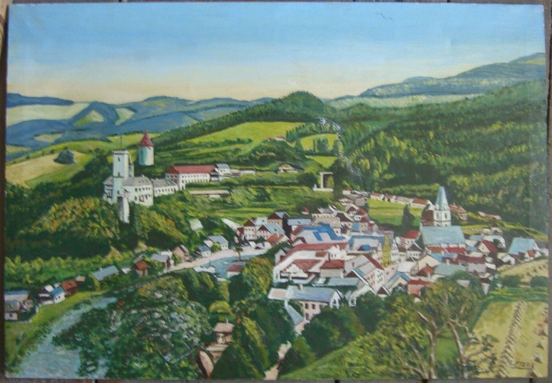 E.FRANK Cityscape Castle Hill Rosenberg on The Moldau Antique Oil Painting