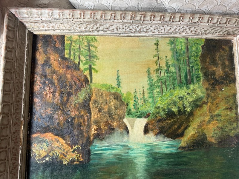 Antique J Miller "Waterfall Landscape Scene" Oil Painting - Signed And Framed gallery