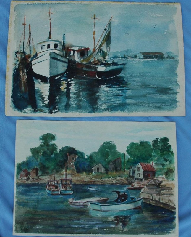 Pair of Vintage Watercolors of a Boatyard Dock Scenes by Artist Michael Dadante