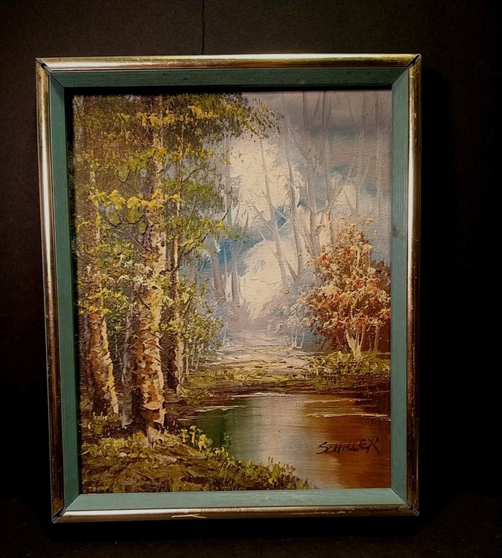 Landscape Lake Oil Painting Woodland Forest Signed Schiller 8″ X 10″ Framed