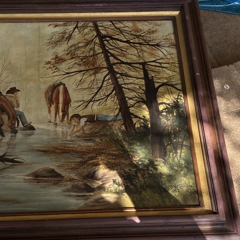 Morgan Signed Framed 1983 Western Realism Painting Cowboy Horses River Scene gallery