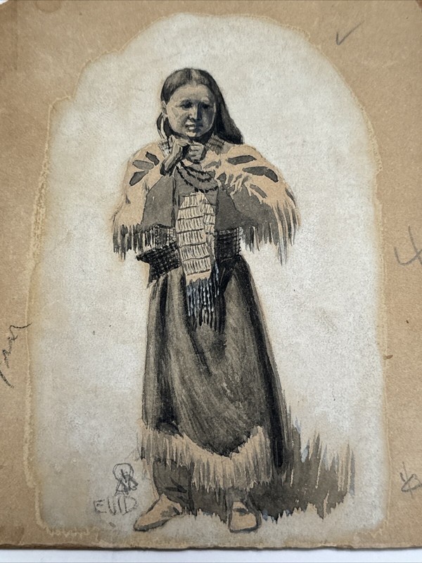 ANTIQUE 19TH CENTURY NATIVE AMERICAN INDIAN PAINTING PORTRAIT YOUNG WOMAN TRIBAL