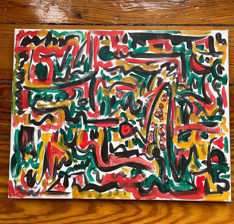 11×14 Contemporary Outsider Art Canvas Painting Abstract Red Green Yellow
