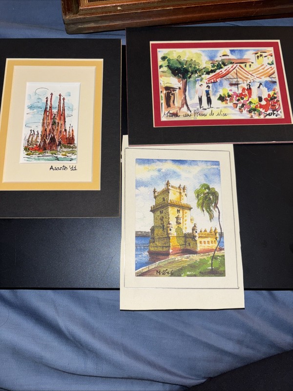 SMALL EUROPEAN WATERCOLOR PAINTINGS ASANTO, Tower PORTUGAL AND A MARKET IN NICE