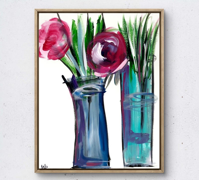 Delicate rose vase modern impressionism painting 14X11 Gallery Paper original