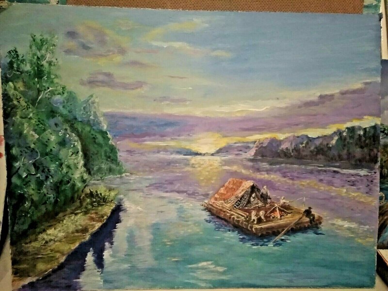 The original painting «The Raft». Acrylic. Cardboard. 2021. Handmade. 11.5×15 in