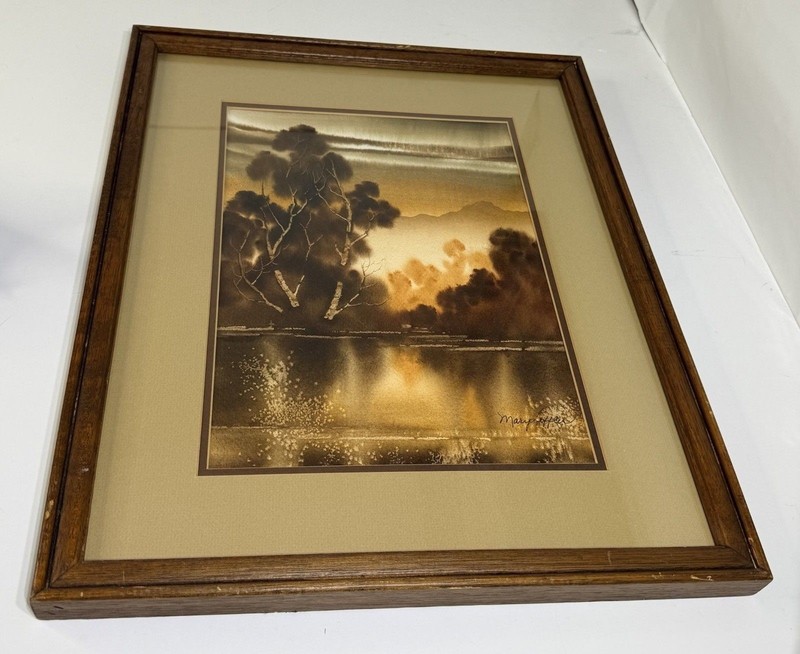 Vintage Mary Leffler Original Watercolor Painting Wood Frame