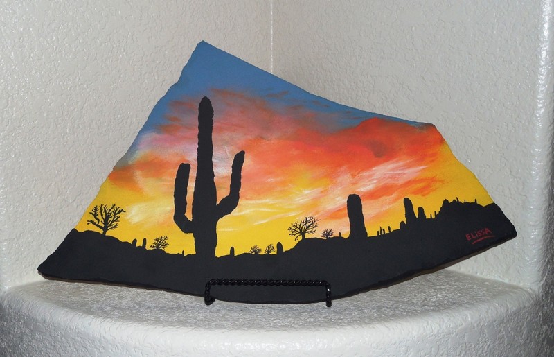 Sunset Silhouette Landscape Desert Southwest Flagstone Art Painting By Artist
