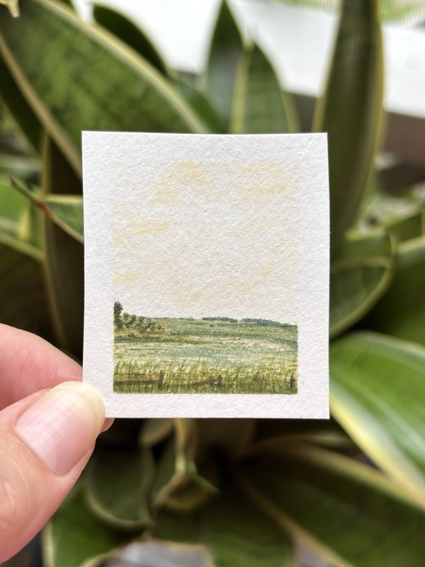 Miniature watercolor landscape painting original one of a kind Golden Lakefield