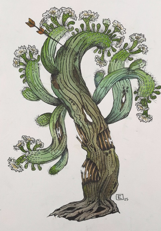 «Unbothered» Saguro Cactus Exaggerated Watercolor and Ink Painting