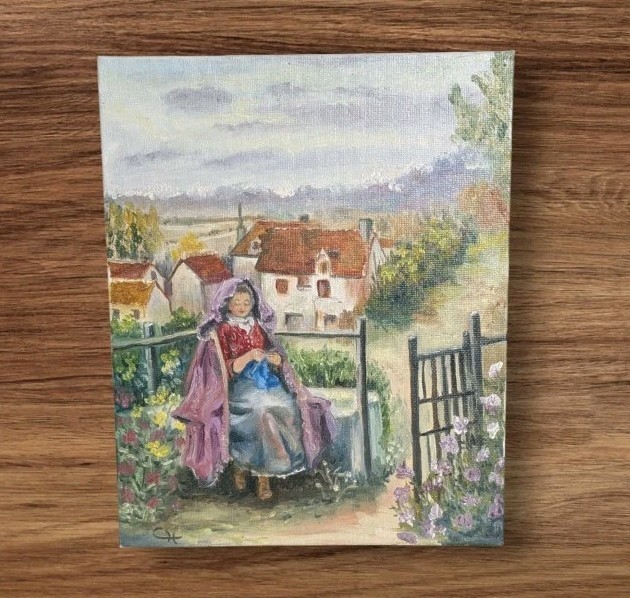 Oil Painting Woman In Countryside Signed Garden Village Student Artist 8 X 10
