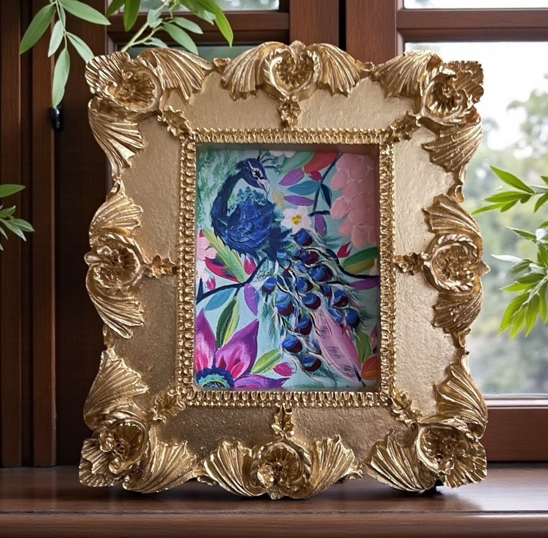 Peacock 🦚 Floral 🌺 mini watercolor bird print in gold vintage style frame