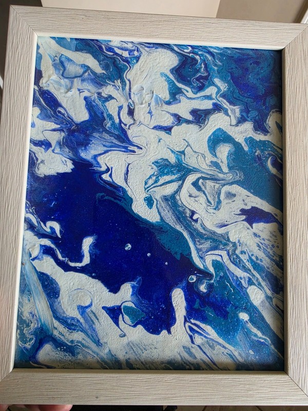 Blue and white abstract art -Ocean white fram 8×11 acrylic on canvas