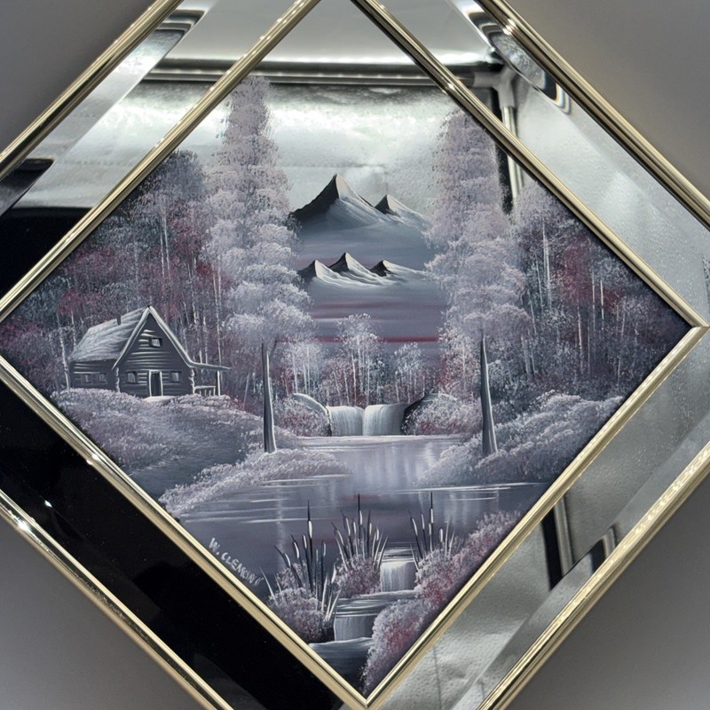 Vintage W Clemons Painted Mirror Winter Landscape Oil Painting Cabin 14 Inch USA