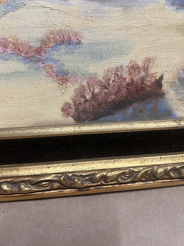 Vtg Blue Skies Mountain Landscape Signed Gold Gilt Velvet Framed Painting Signed gallery