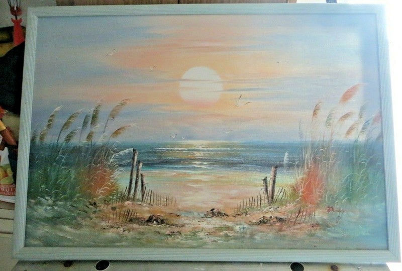 SIGNED ART PAINTING OF OCEAN WITH SUNSET OVER THE WATER AND BEACH