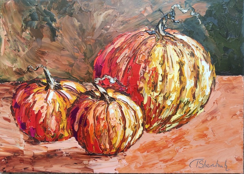 Original Oil Painting Pumpkins Halloween Autumn Hand Painted Art Kitchen 12×8,5