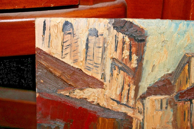 Original Vintage Oil Painting People Walking Narrow Street Buildings Gloomy Dark gallery