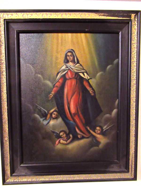VTG MEXICAN RELIGIOUS OIL on CANVAS PAINTING VIRGEN DE ASUNCION SOLID WOOD FRAME
