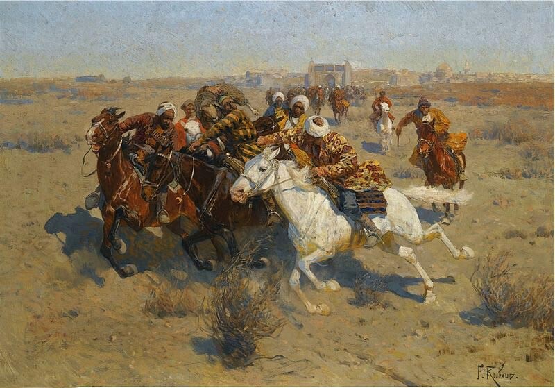 Oil painting Francois+Flameng-A+Game+Of+Buzkashi arab horseman horse landscape