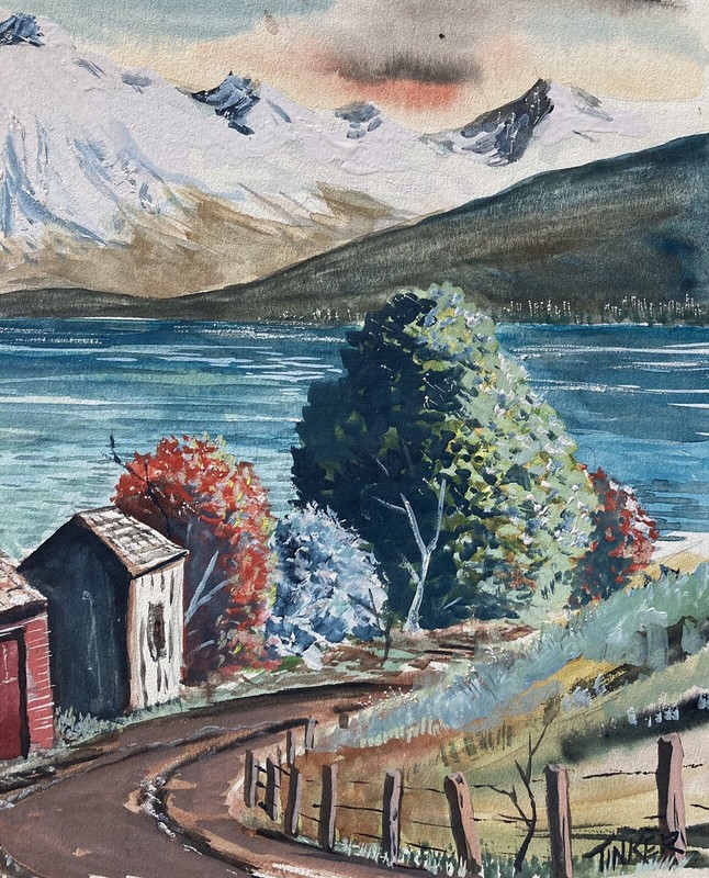 Vintage Norwegian fjord & volcano watercolor landscape signed Tinker - 10”x15” gallery