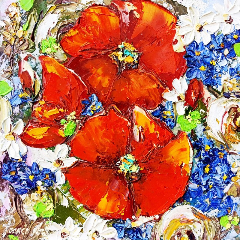Poppies Painting Original Art Flower Office Painting Impasto 10х10 in