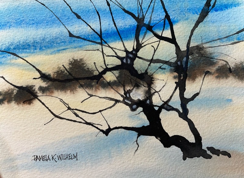 Over 5”x7” Pamela Wilhelm Original Watercolor & Ink Winter Gnarled Tree On Snow