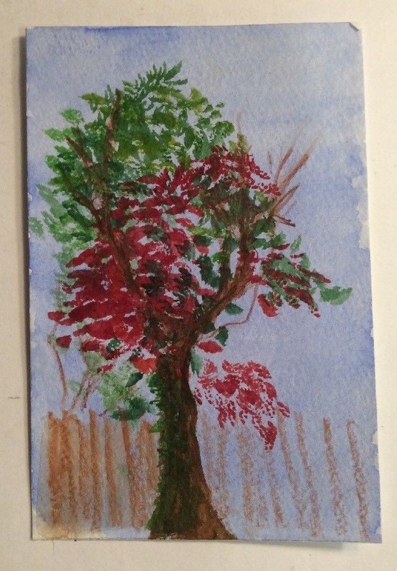 Original Painting Tree Red Green Brown Fence Blue Sky Strathmore Watercolor