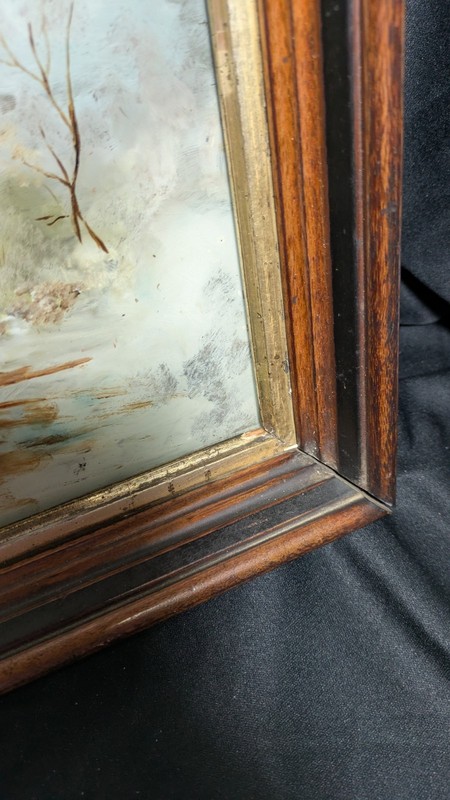 Antique Reverse Glass Painting Deep Wood Frame Winter Cottage Horse Landscape gallery