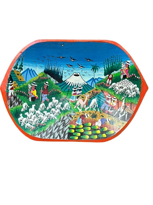 Hand Painted Ecuadorian Tigua Folk Art Hand Painted 7.5” Wood Bowl Farming
