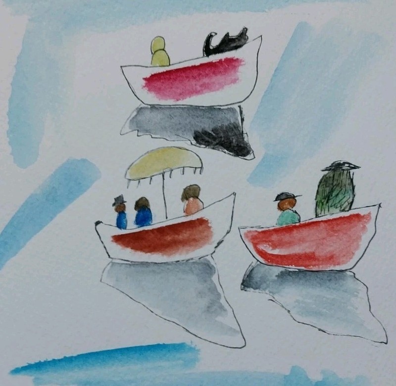 ORIGINAL Watercolor PAINTING EXPRESSIONISM Boat Figures 8×6 ARTWORK GAT