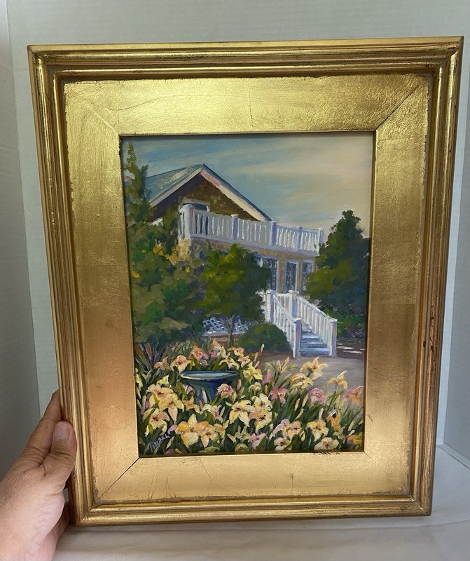 Beautiful Oil Painting with House, Flowers and Birdbath in Gold Wooden Frame