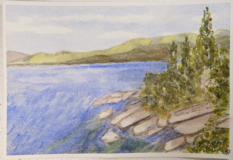 Original Lake Tahoe Watercolor Painting 7×10 Pine Trees Rocky Shore Landscape