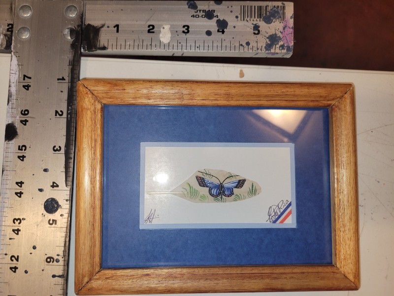 Feather Painting Signed butterfly Painted On Feather matted Framed Under Glass