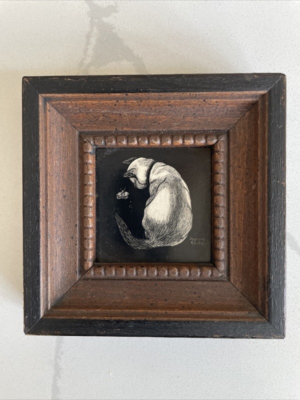Jeanne Reifel – Cat Signed Miniature Scratchboard Art Painting 4″ Framed