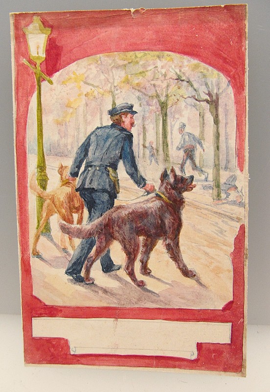 Art Nouveau Design Policeman with Dogs Orig. hand painted postcard design Paris