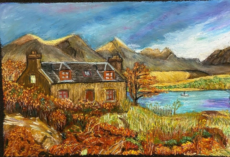 Hand Paint Oil Pastel Painting Autumn Countryside Landscape Sanded Paper 10×14″