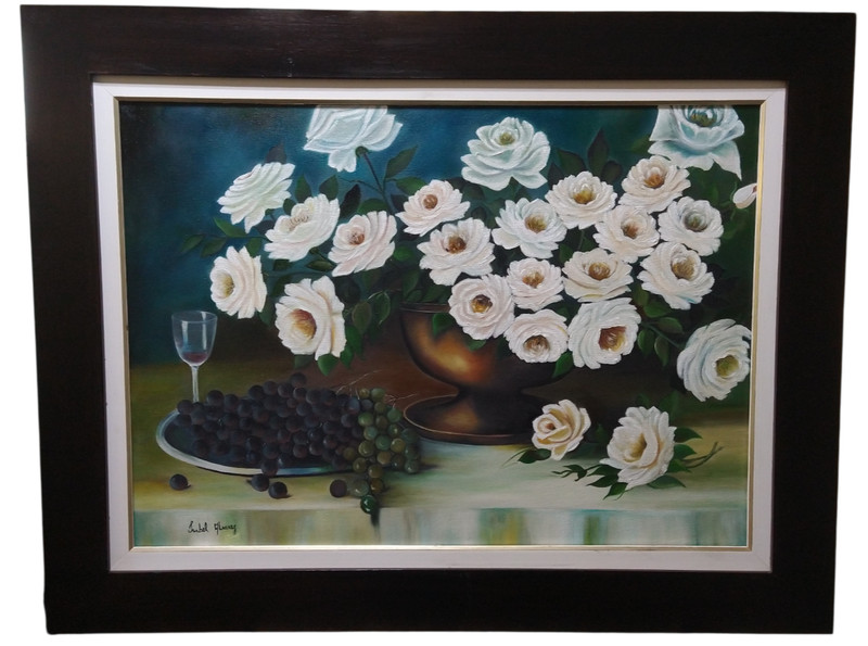 Handmade Oil Painting Reproduction – Floral Still Life with Wine and Grapes