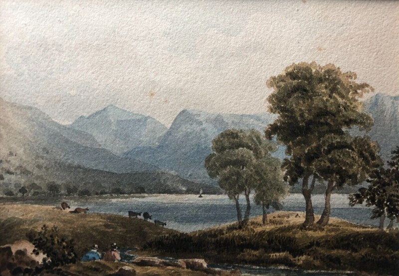 Unknown English watercolor late-18th century landscape with figures