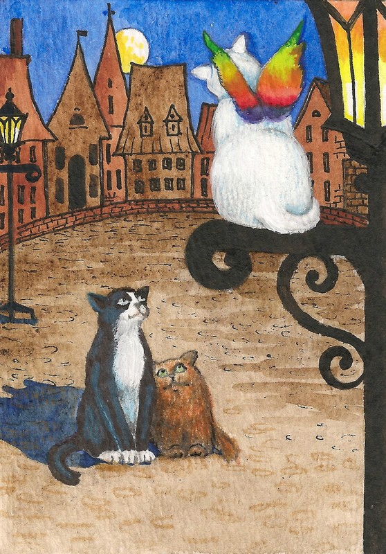 5×7 PRINT OF PAINTING TUXEDO CAT RYTA PERSIAN RAINBOW BRIDGE ANGEL WHITE KITTEN