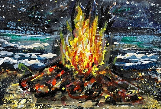 ORIGINAL ACEO Painting BEACH Fire Stars Ocean CAMPFIRE Bonfire Camping ATC ART