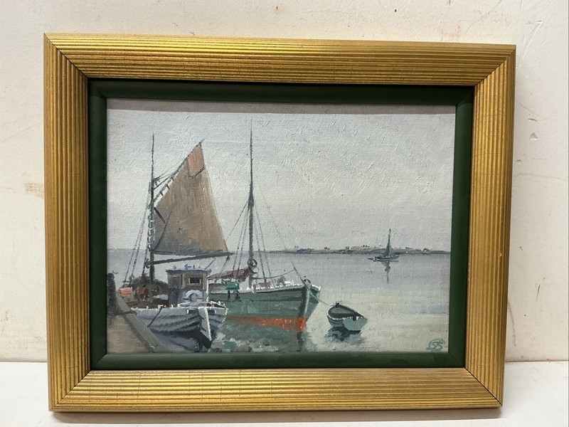 Jens Sinding Christensen (1888-1980) Fishing Boats in Harbor Oil Painting Framed