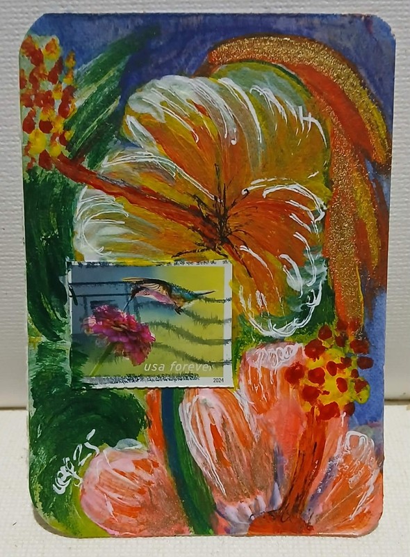Postal Whimsy – Forever Stamp Hummingbird & Hibiscus OOAK ACEO Watercolor Impres