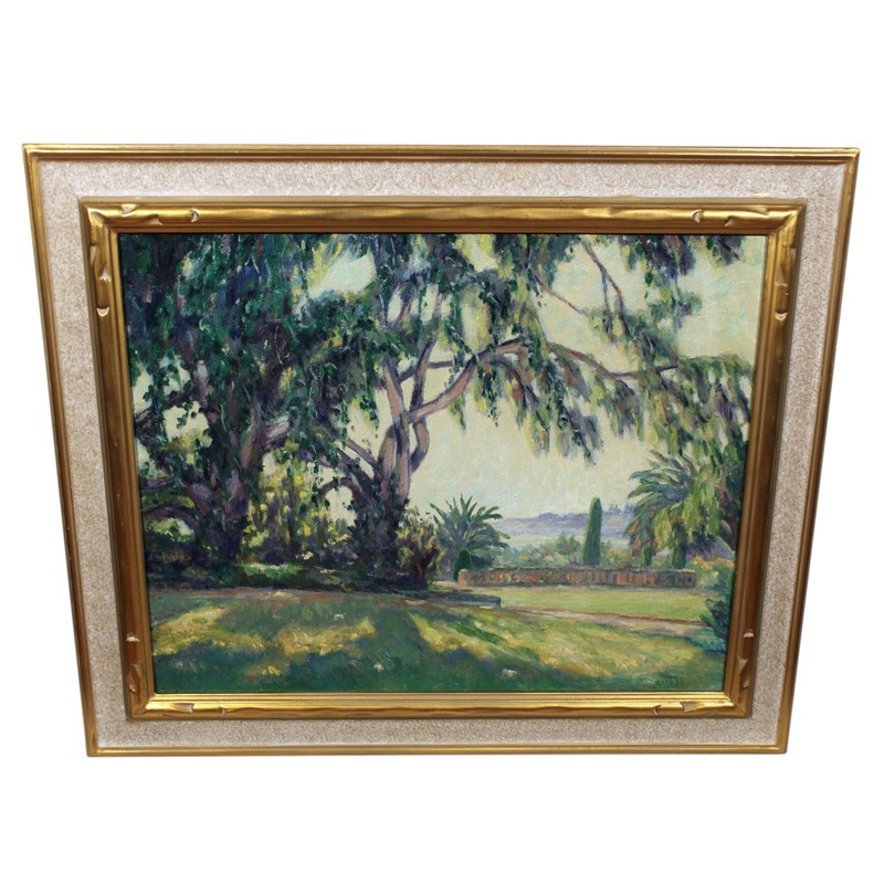 JOHN DOMINIQUE CALIFORNIA GARDEN LANDSCAPE OIL PAINTING LISTED ARTIST VINTAGE